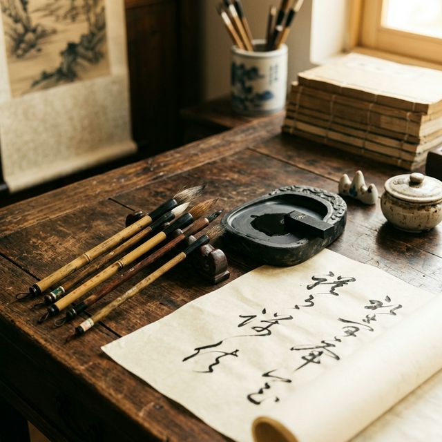 Traditional Chinese calligraphy brushes and inkstone