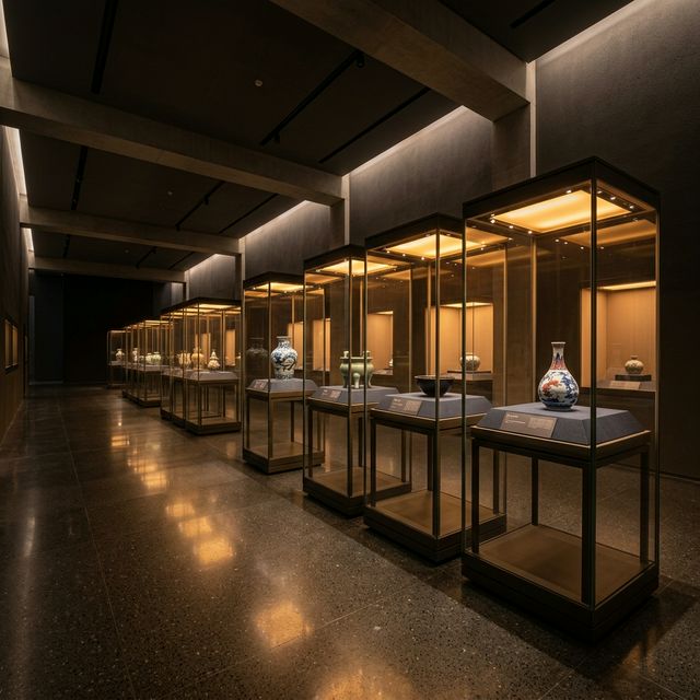 Museum gallery interior with ancient Chinese ceramics